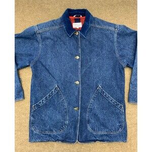 Vintage Brandon Thomas Barn Coat Womens M Denim Chore Jacket Buffalo Plaid Lined